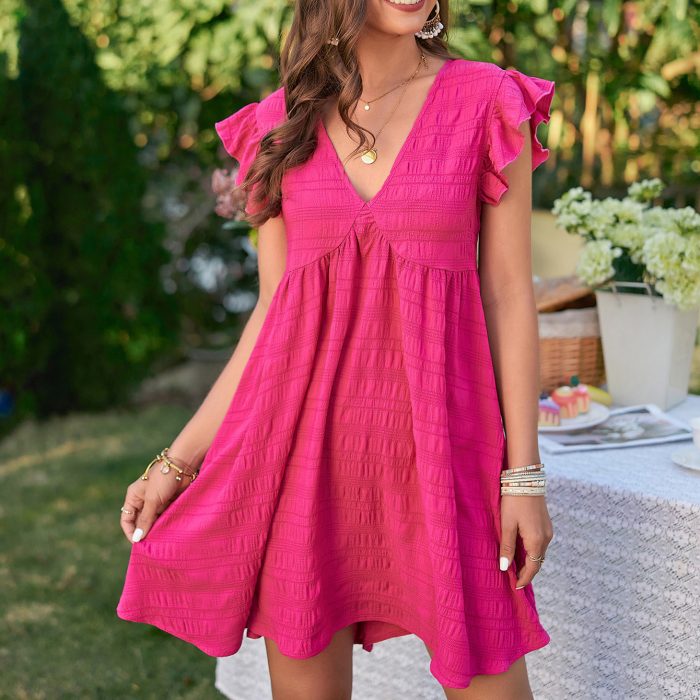 Women's Clothing V-neck Ruffle Short Skirt Solid Color Elegant Dress