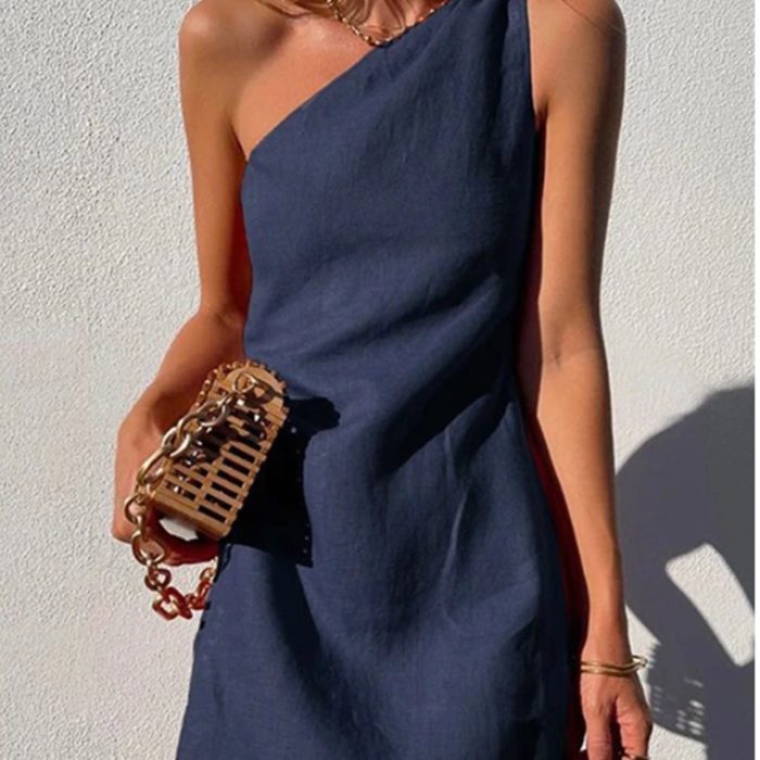 New Women's Solid Color Slim Fit Commuter Slanted Shoulder Dress