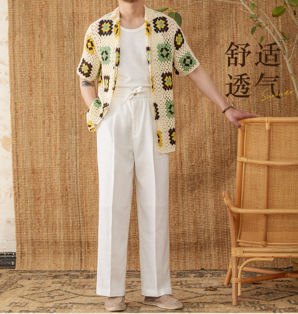 Linen Loose High Waist Lace Trousers With An Elasticated Waist Casual Pants - Image 4