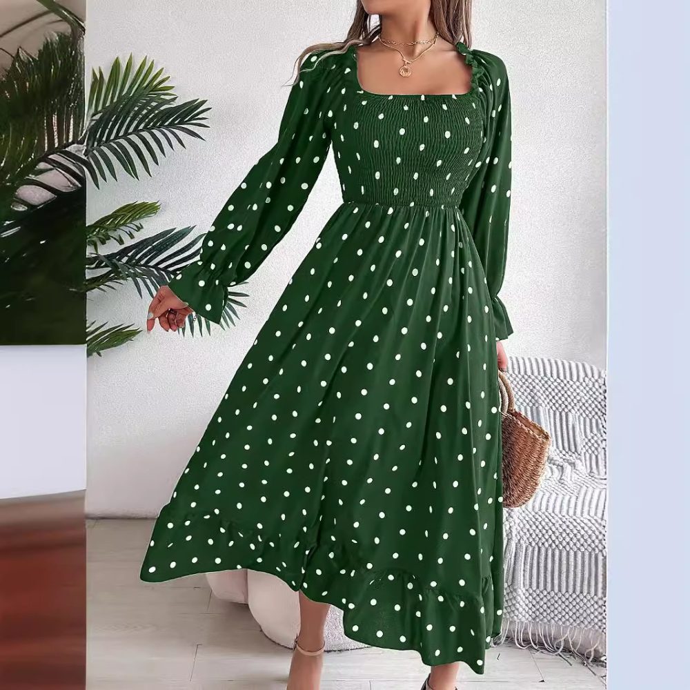 Casual Square Collar Polka Dot Swing Dress With Wooden Ears - Image 3