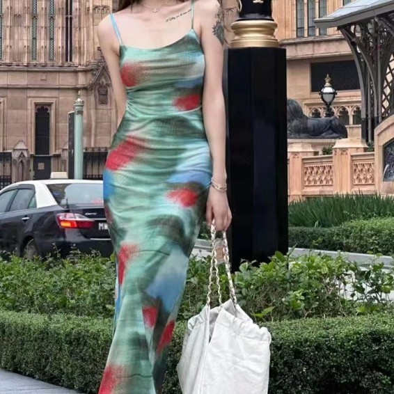 Oil Painting Tie Dye Printing Slip Dress