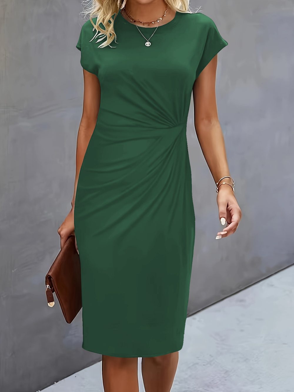 Women's Casual Tight Front Knot Round Neck Mid-length Dress - Image 10