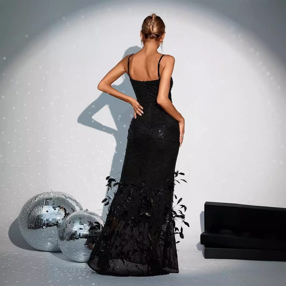 Black Feather Sequins Sling Dress - Image 3