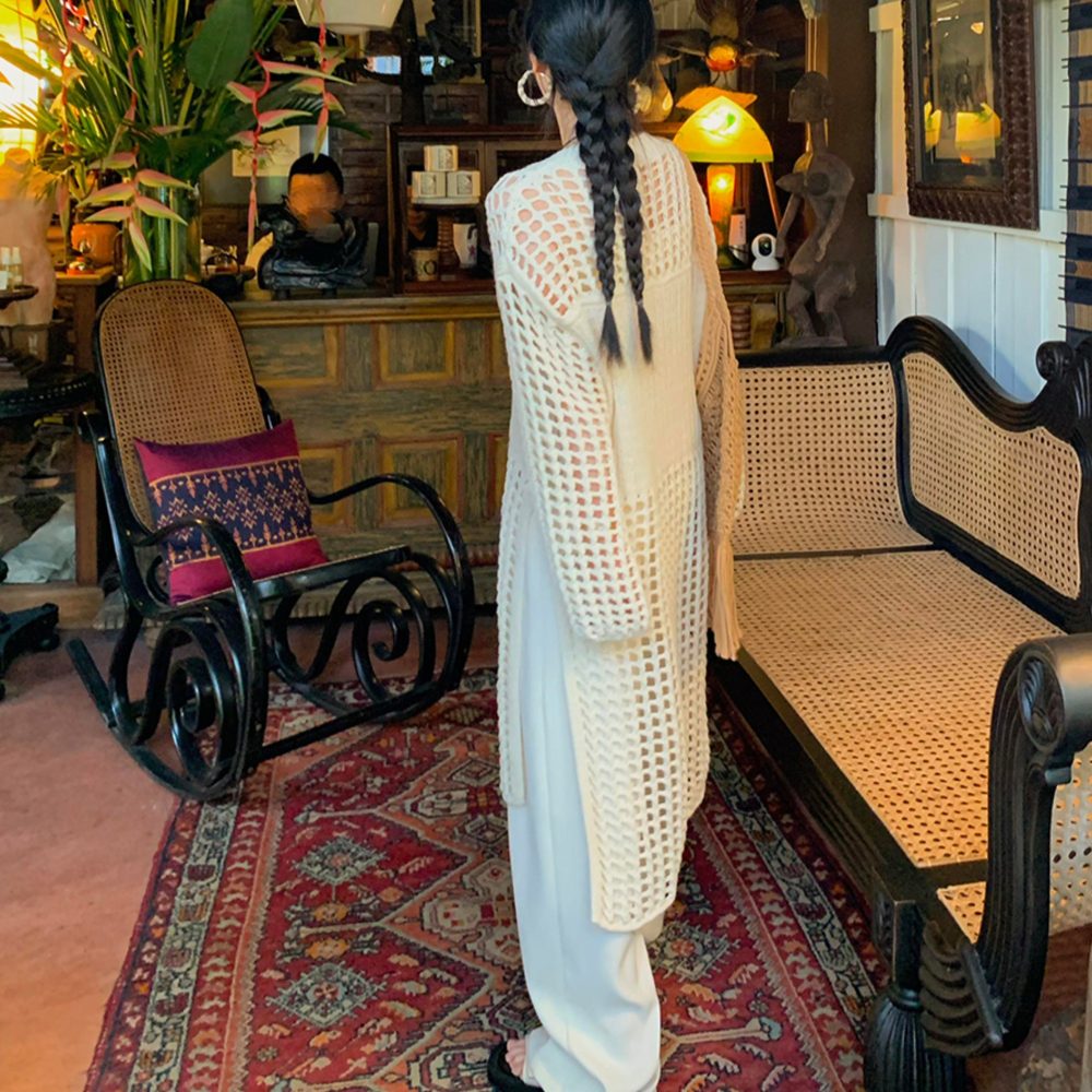 Elegant French Lace Knit Dress, Mandarin Collar Tunic For Layering, Resort Wear - Image 2