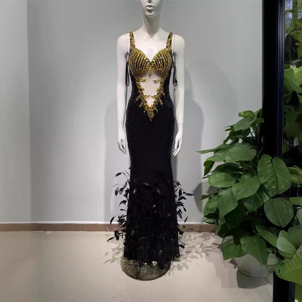 Black Feather Sequins Sling Dress - Image 4