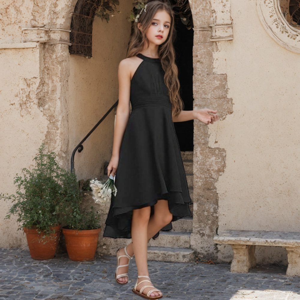 Halter Sleeveless Chiffon Short Front And Long Back Girls' Dress - Image 2