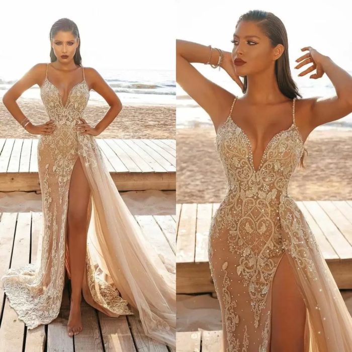 Women's Sling Dress Sleeveless V-neck Slit Lace Hollow Out