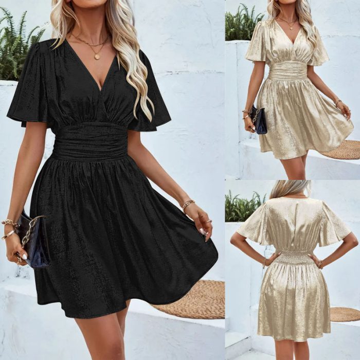 Solid Color And V-neck Ruffle Sleeve Dress