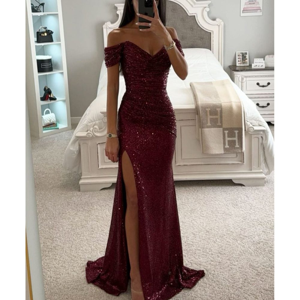 Party Sequins Off-neck Split Dress INS Casual Fashion Dress Women - Image 2