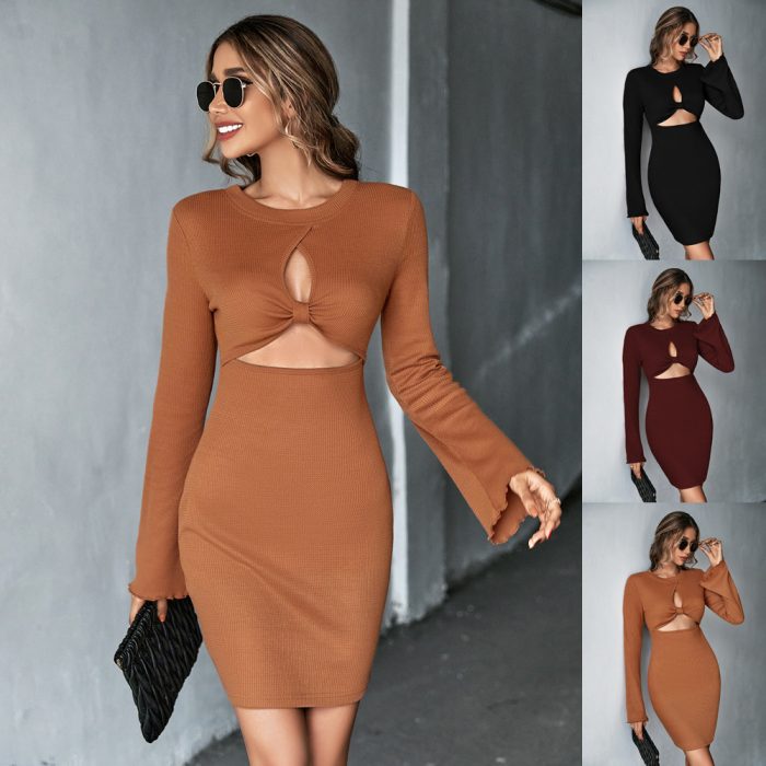 New Hollow Sexy Short Skirt Waffle Bell Sleeve Sheath Long Sleeve Dress