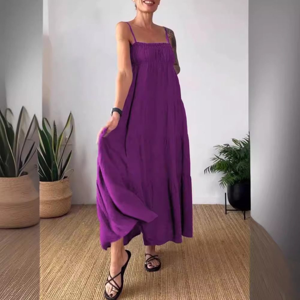 Women's Solid Color Casual Chest Wrap Pleated Suspender Dress - Image 8