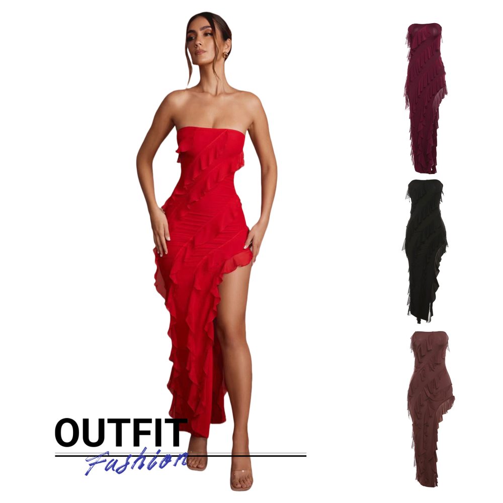 2024 Summer Trend Skinny Women's Fashion Tube Top Backless Split Tassel Dress Birthday Party Clubwear - Image 6