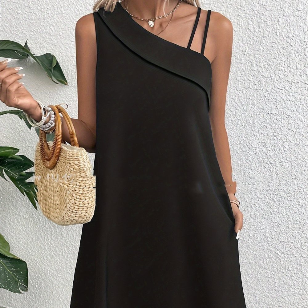 Asymmetric One-shoulder Sleeveless Sling Dress - Image 2