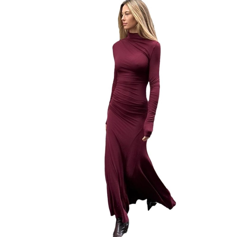 Elegant Slim Fit Half-high Collar Long Sleeves Hip Long Dress - Image 5