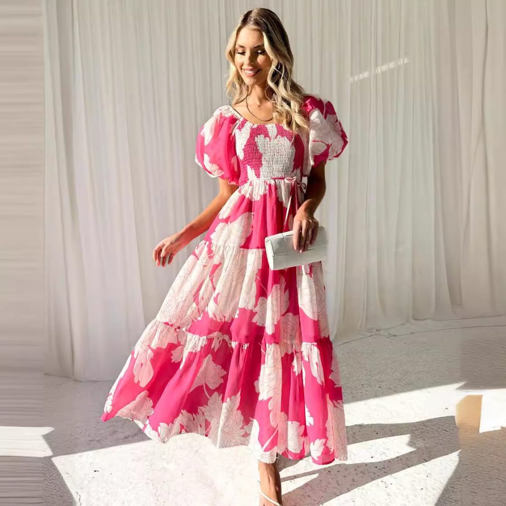 Elegant Floral-print Off-shoulder Puff Sleeve Fashion European And American Style Dress - Image 4