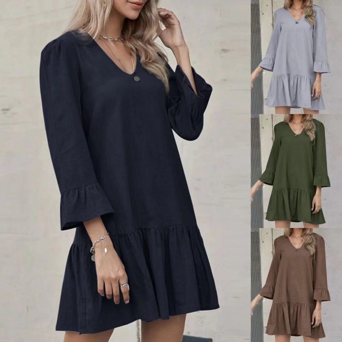 Women's Fashion Loose Temperament Collar Solid Color Pleated Cotton And Linen Dress