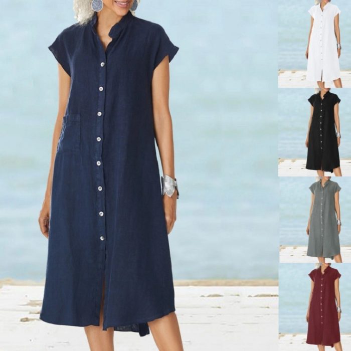 Cardigan Stand Collar Single-breasted Cotton And Linen Pocket Dress
