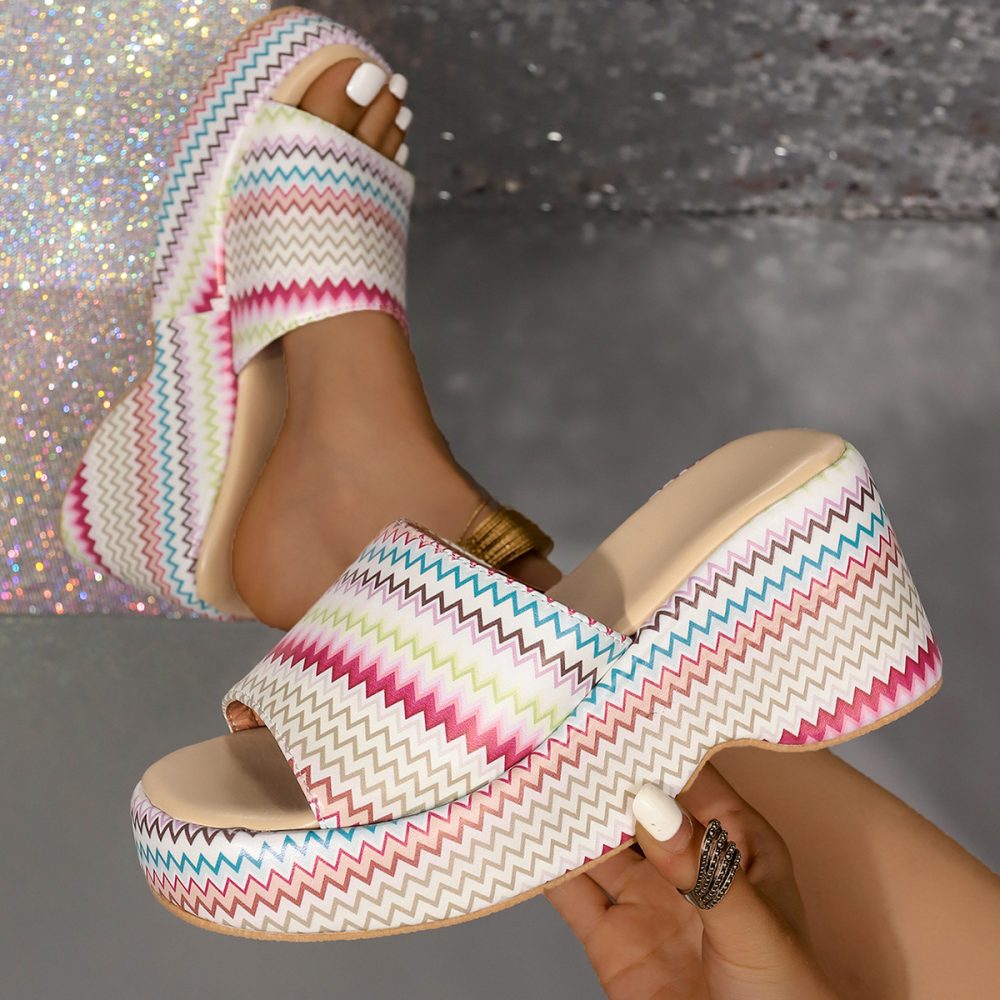 Fashion Colorful Wave Print Wedges Sandals Summer Outdoor High Heel Slippers Thick Bottom Shoes For Women - Image 3