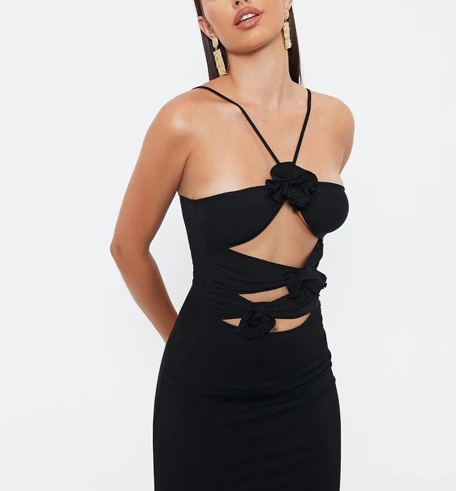 Flower Hollow Slim -fitting Neck Mid -length Suspender Dress