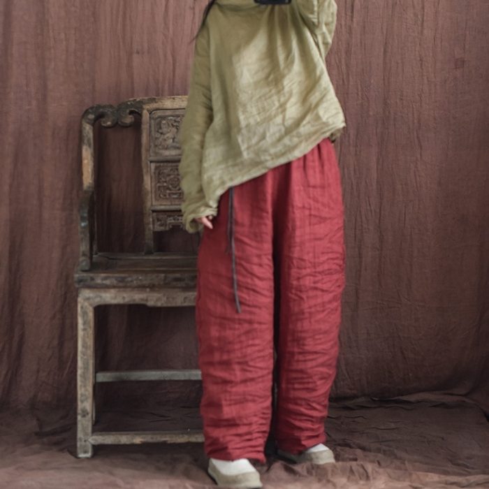 Spring And Autumn Stone Washed Linen Baggy Pants Loose Wide Leg