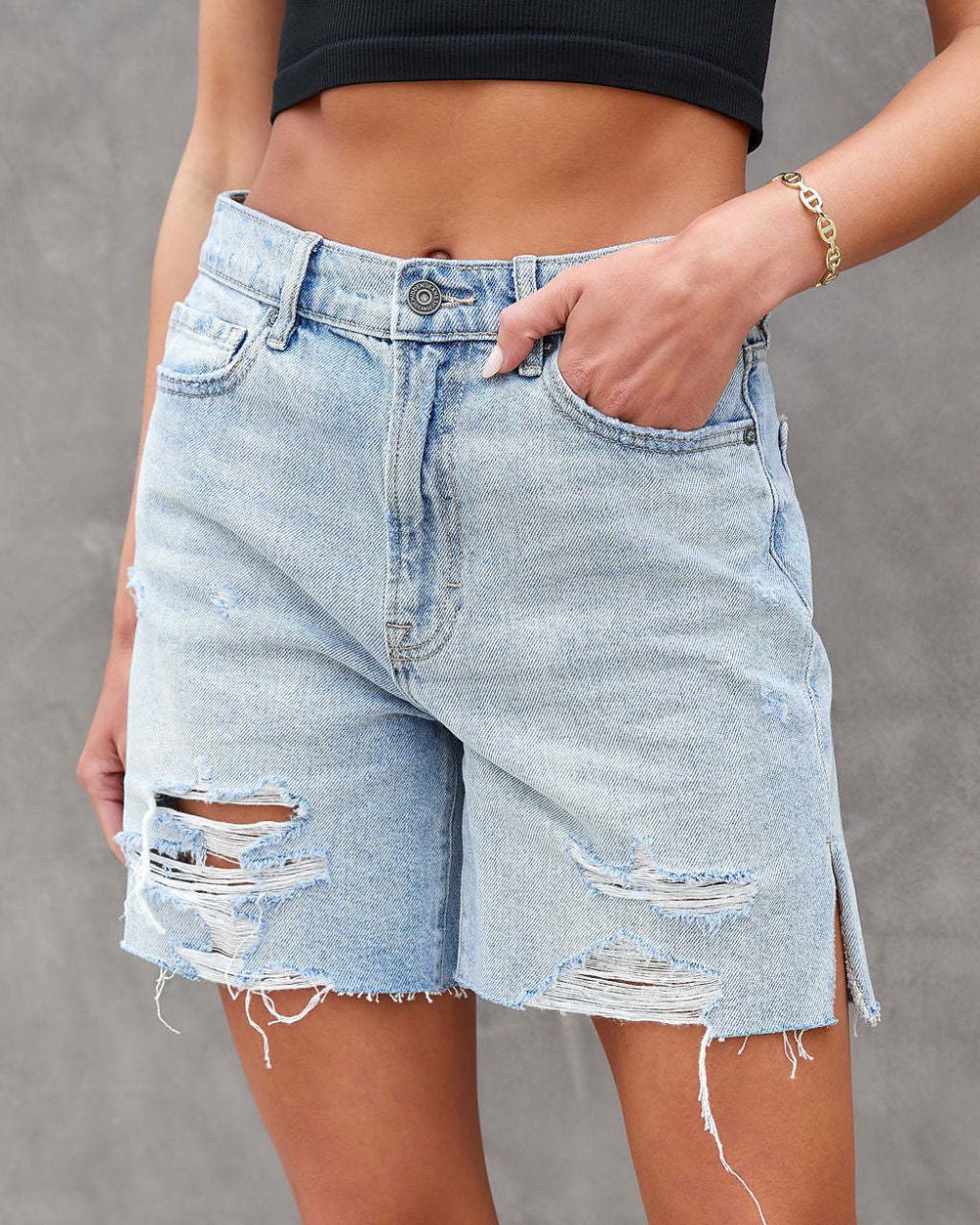Summer Street Hipster Water Washed Hole Denim Shorts - Image 5