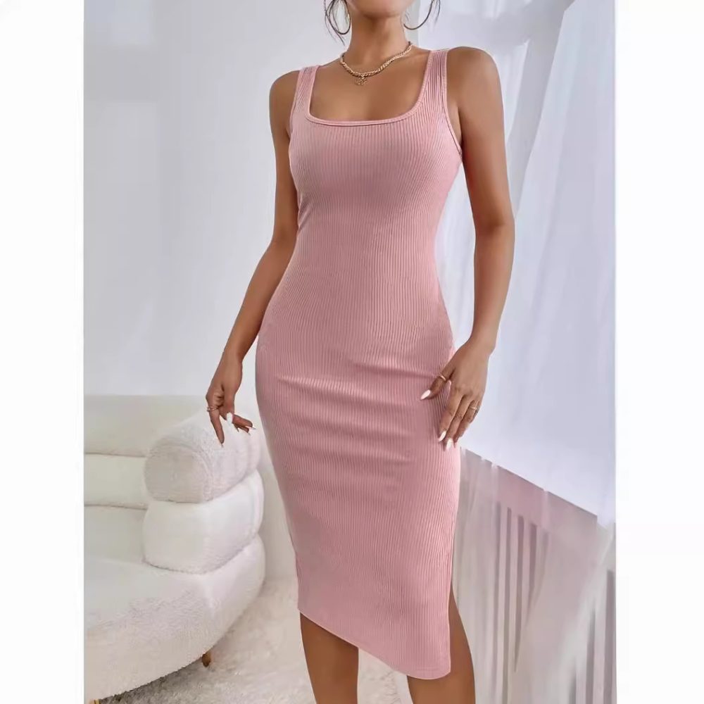 Elegant Rib Sunken Stripe Sleeveless Square Collar Slimming Split Dress - Image 2