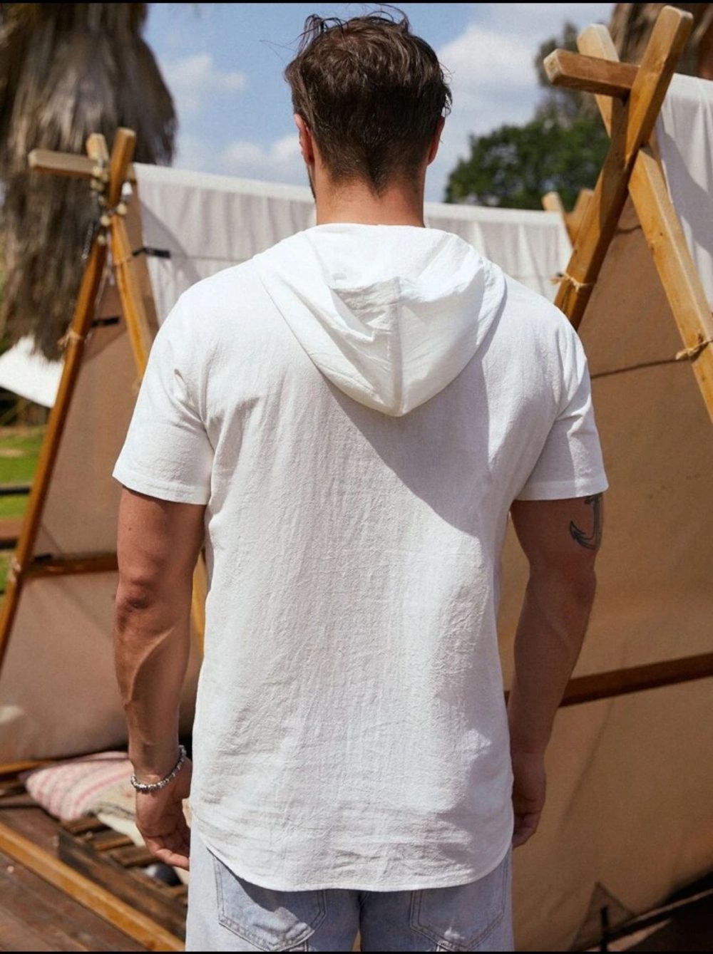 Men's Cotton Linen Short Sleeve Hooded Pocket Shirt - Image 5