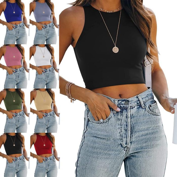 Sleeveless Crew Neck Racer Tank Top T-Shirt Women's