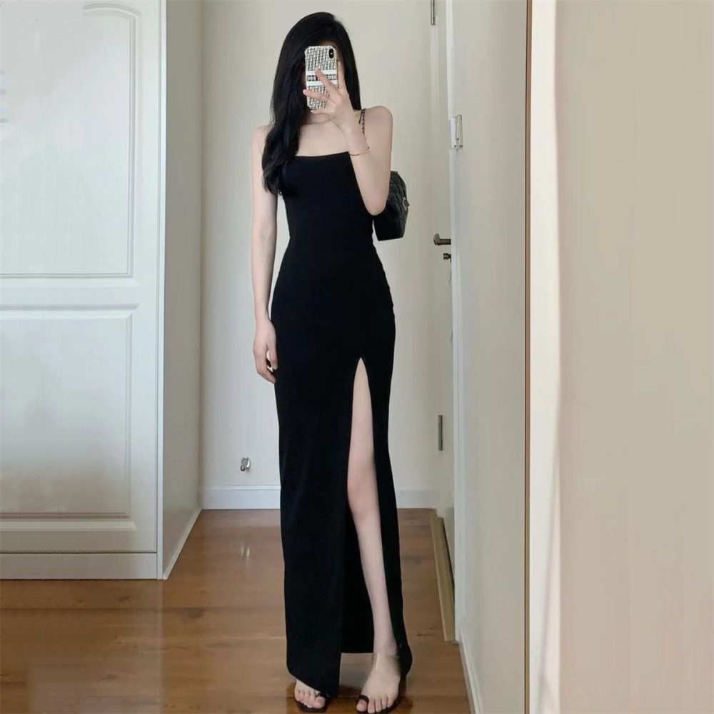 Young Hot Girl Pure Desire Style Design Sense Adult Lady Like Woman Black Slit Hip Dress - Image 2