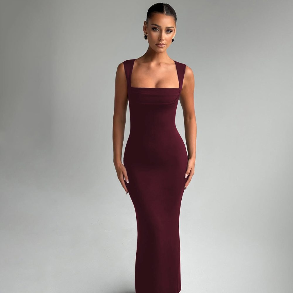 Fashion Temperament Slim Fit Square Collar Sleeveless Street Solid Color Slim Fit Dress Women - Image 6