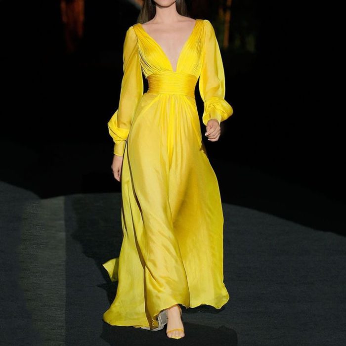 Autumn And Winter New Fashion Deep V-neck Solid Color Dress