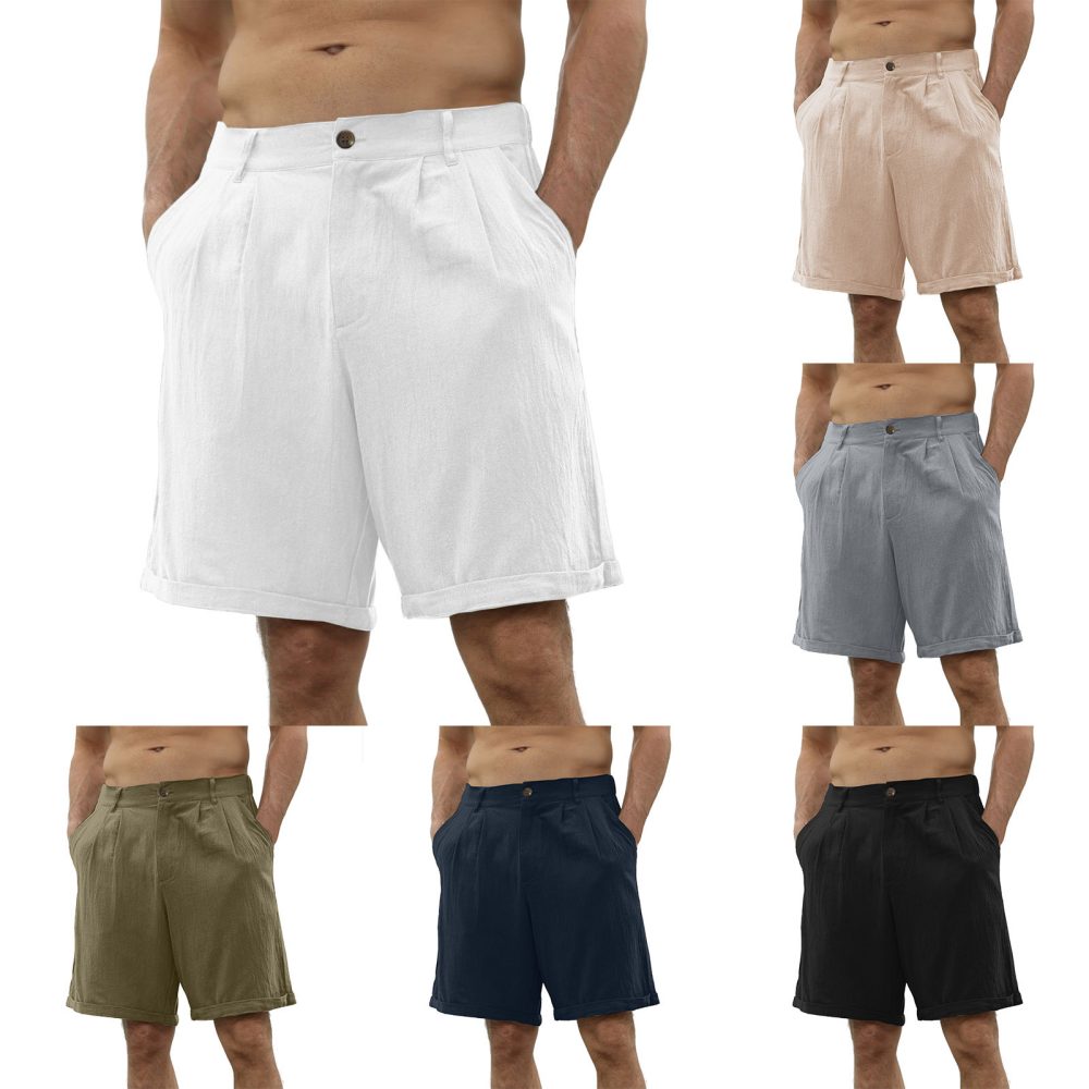Men's Cotton And Linen Casual Beach Button Stretch Shorts - Image 10