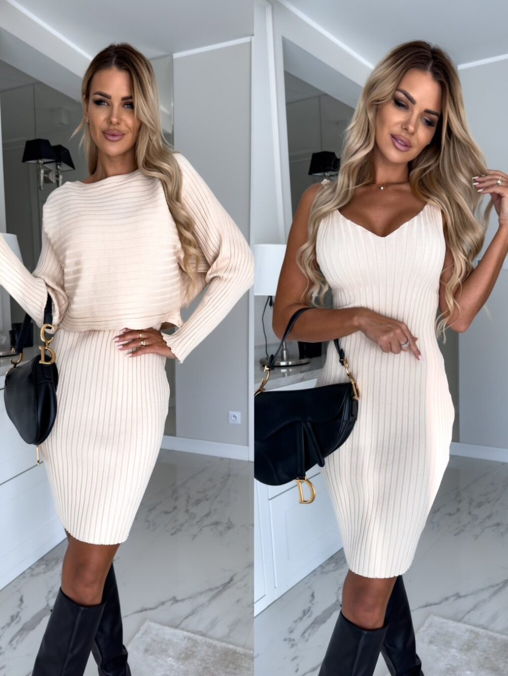 2pcs Suit Women's Solid Stripe Long-sleeved Top And Tight Suspender Skirt Fashion Autumn Winter Slim Clothing - Image 9