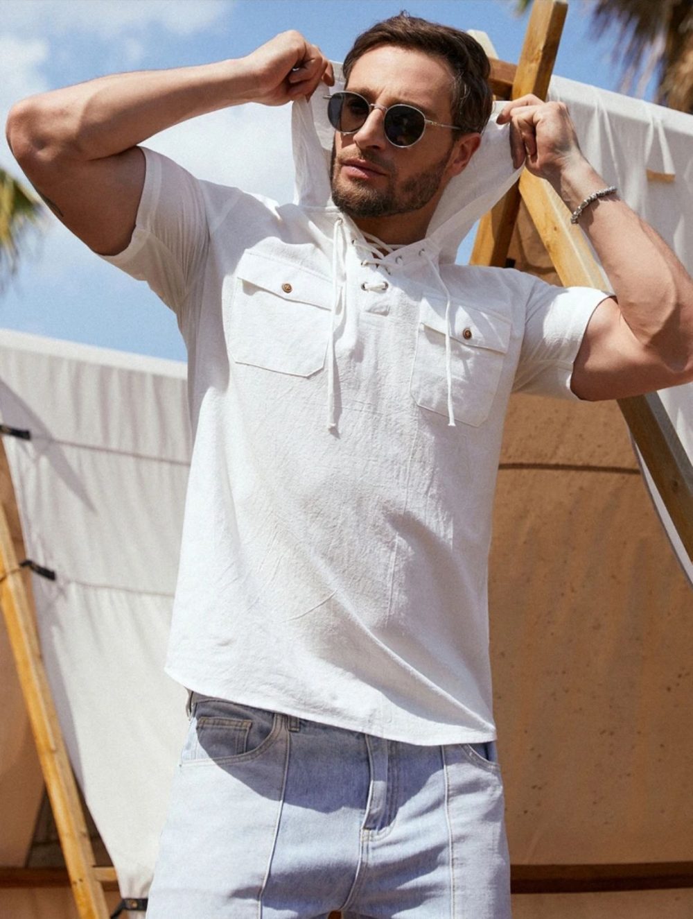 Men's Cotton Linen Short Sleeve Hooded Pocket Shirt - Image 4