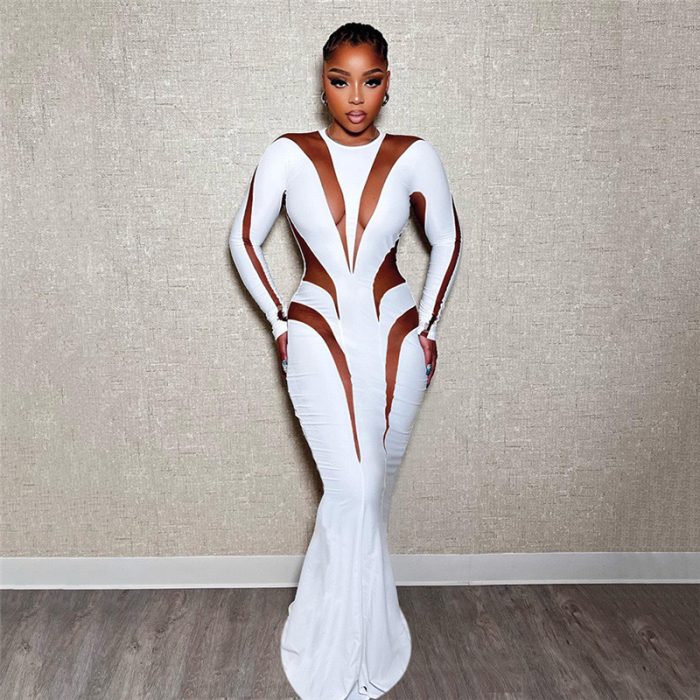 Women's Mesh Stitching Hip Long Skirt Slim Solid Color Dress