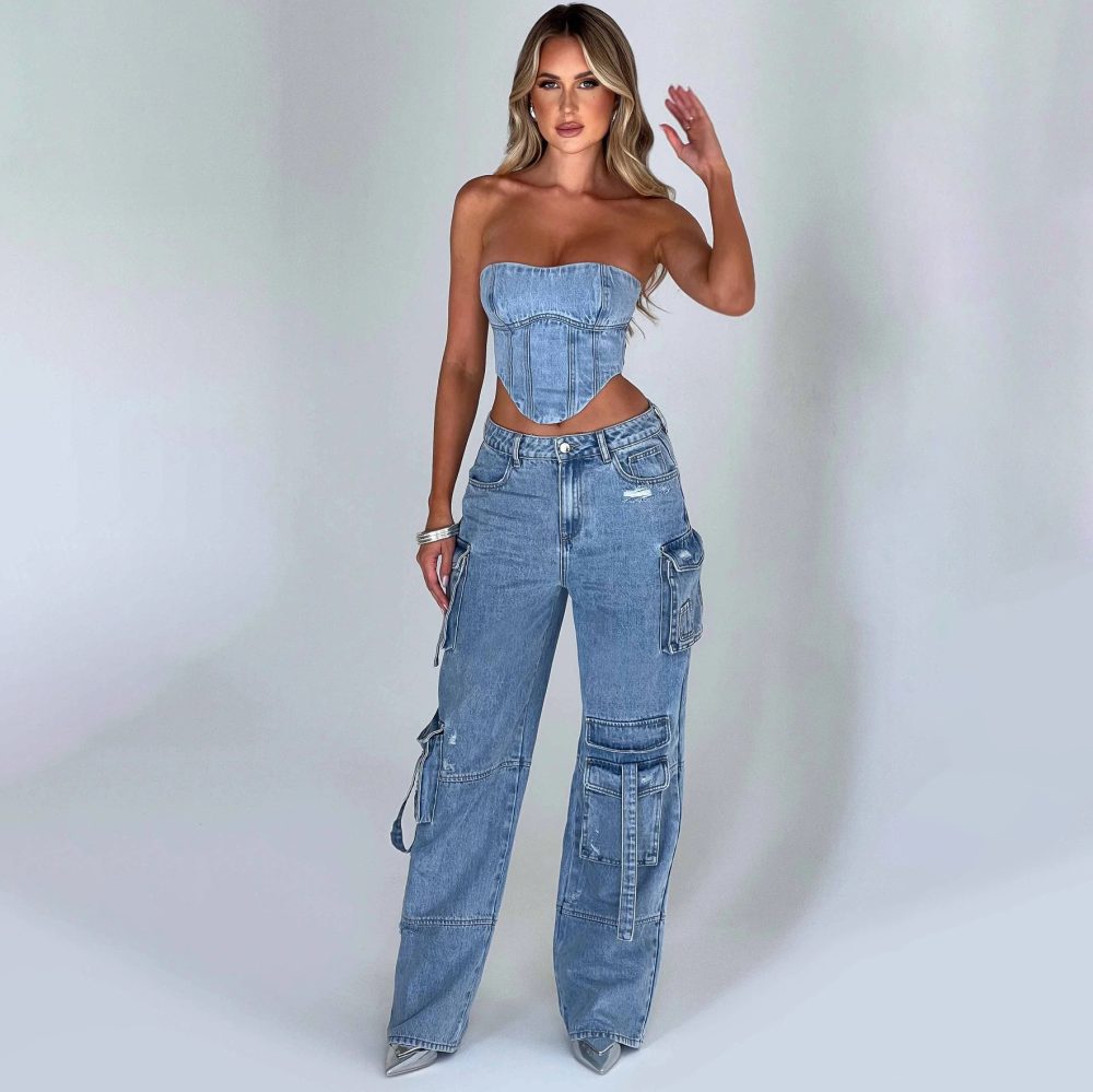 2Pcs Denim Suits Summer Sexy Backless Tube Top And Multi-pocket Straight Trousers Fashion Long Pants Suit Womens Clothing - Image 2
