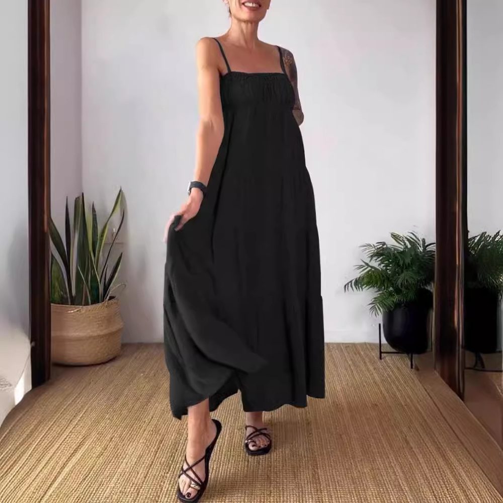 Women's Solid Color Casual Chest Wrap Pleated Suspender Dress - Image 6