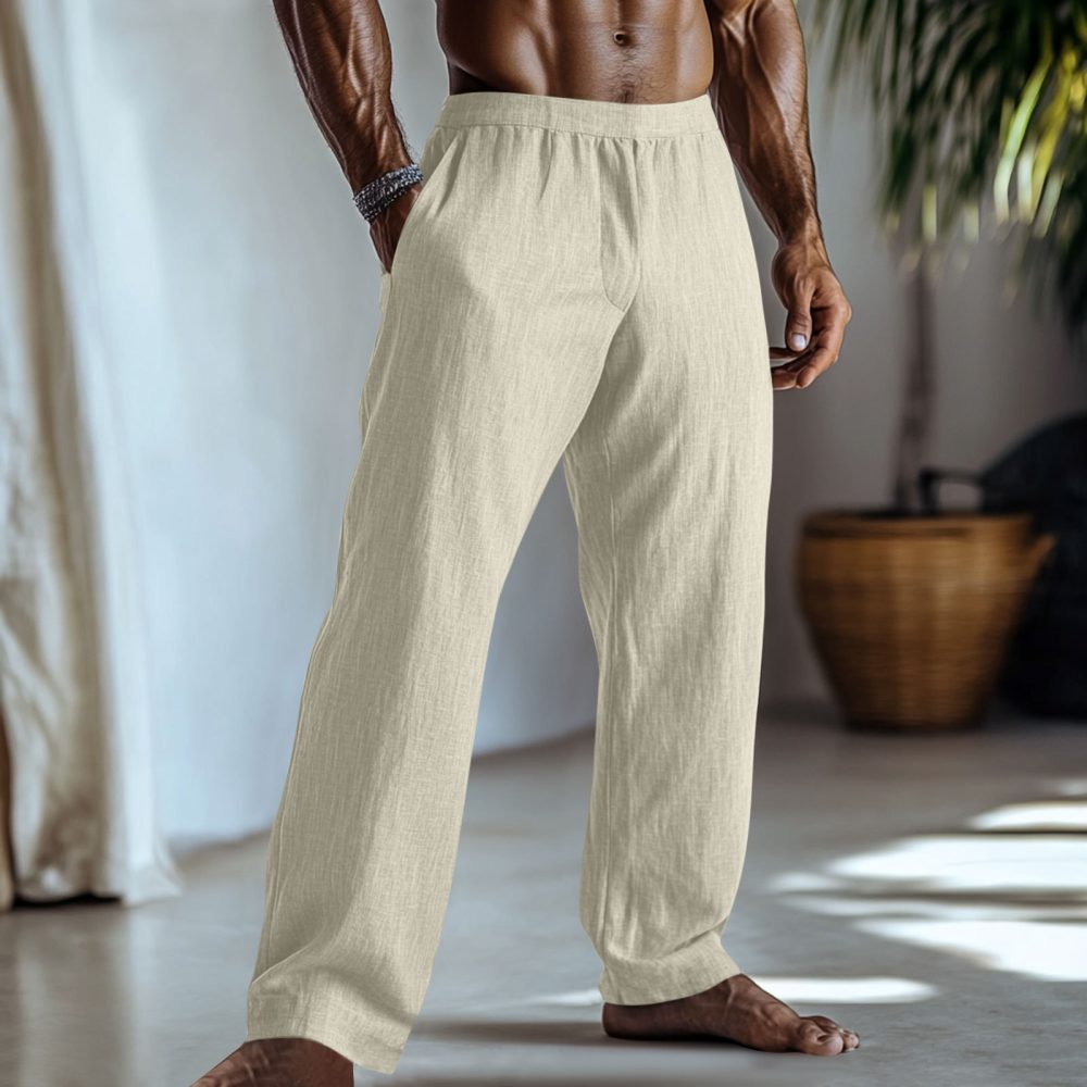 Cotton And Linen Solid Color Casual Trousers With Pockets - Image 7