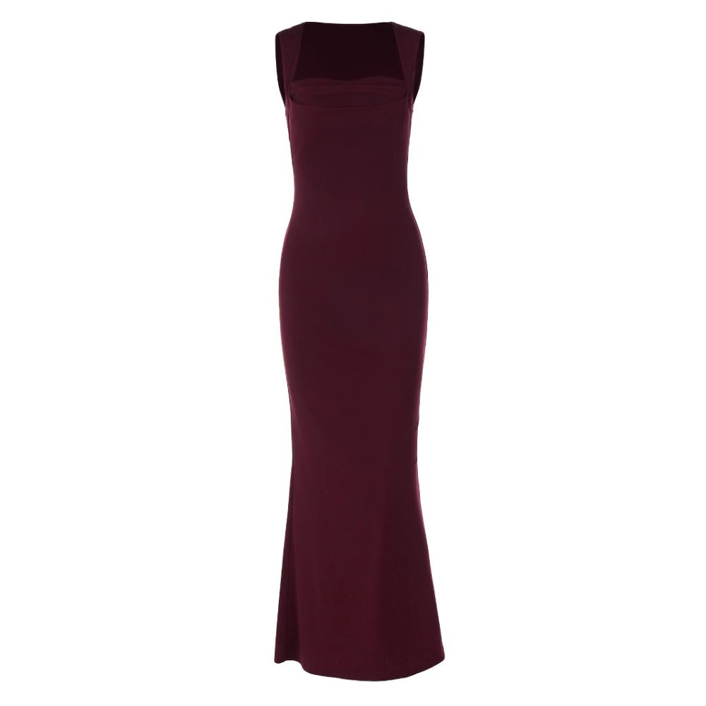 Fashion Temperament Slim Fit Square Collar Sleeveless Street Solid Color Slim Fit Dress Women - Image 5