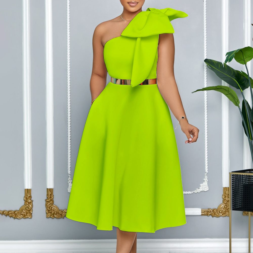 New Fashion Oblique Shoulder Bow Party Dress Big Swing African Dress - Image 4