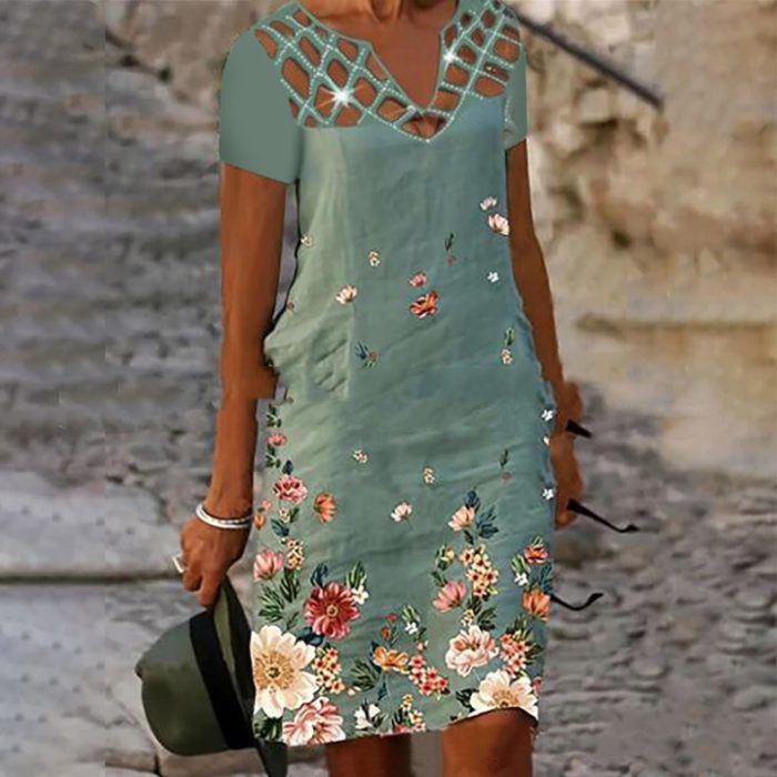 Fashion V-neck Printed Hollow Hot Bead Linen Dress
