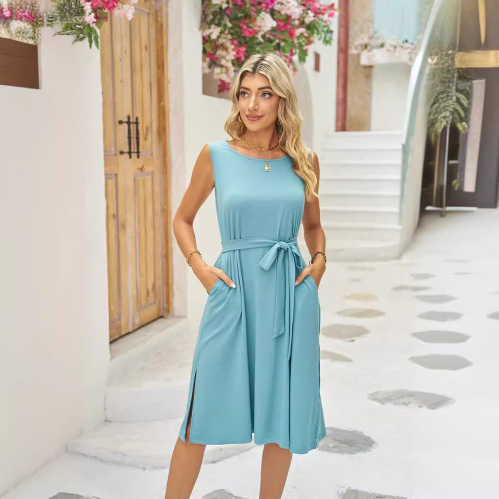 Summer Sleeveless Dress With Pockets Waist Lace-up Slits Dresses Fashion Womens Clothing - Image 10