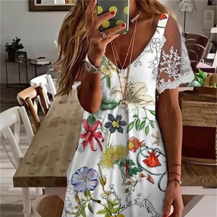 New European And American Style Lace Lace Sleeve Fashion Printing Dress