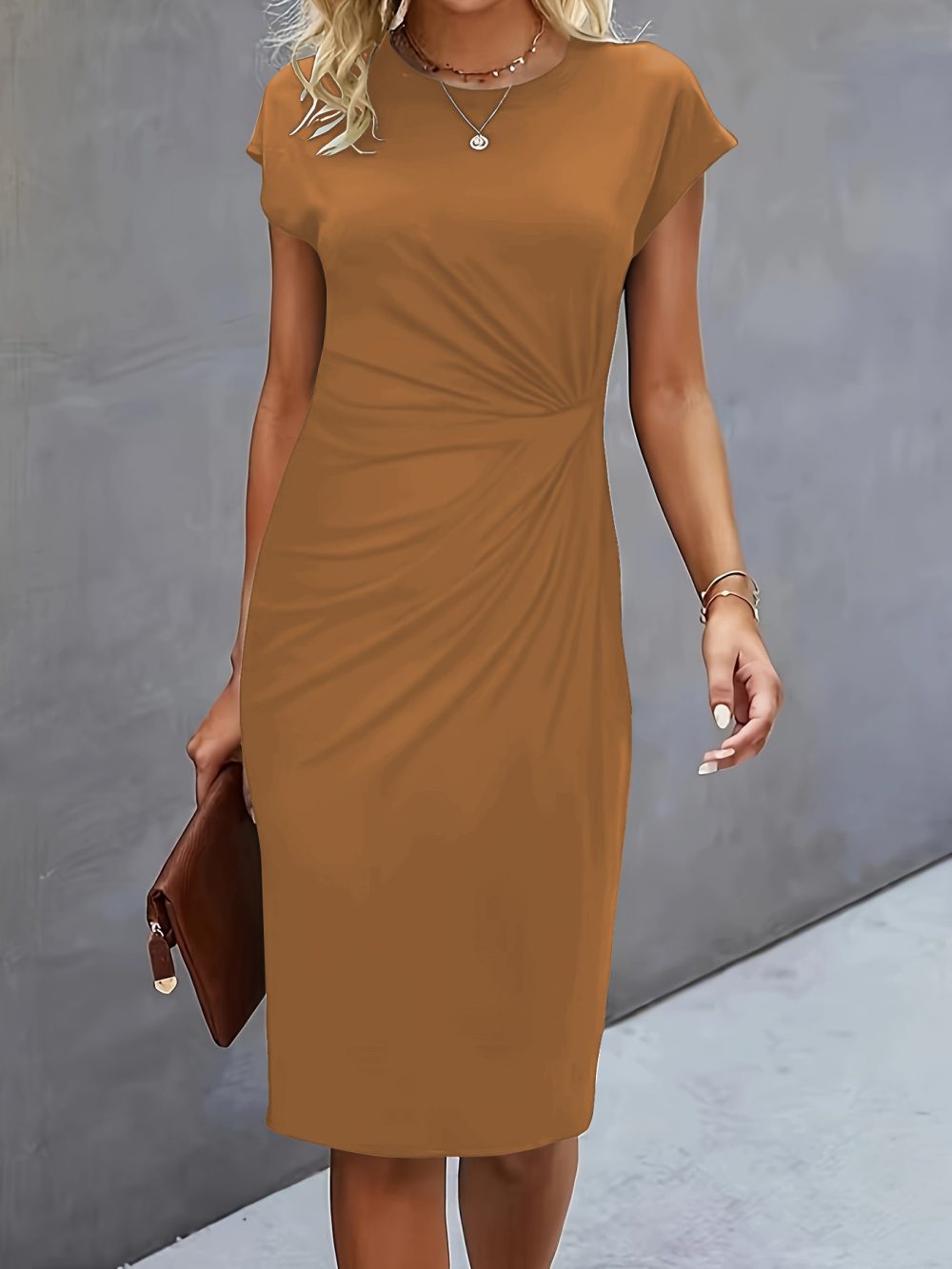 Women's Casual Tight Front Knot Round Neck Mid-length Dress - Image 8