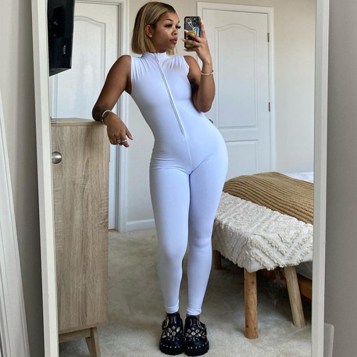 Fashion Zipper Sleeveless Round Neck Slim Fit Jumpsuit