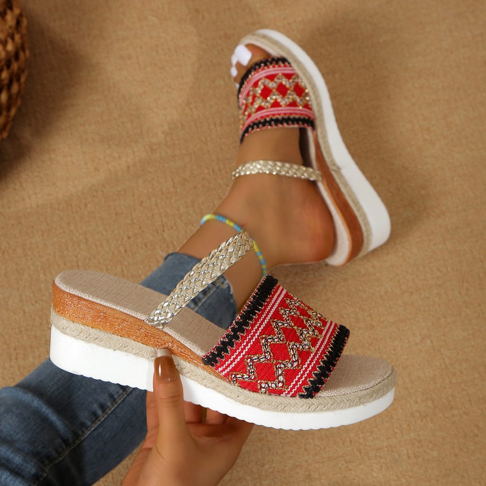 New Color-blocked Wave-patterned Sandals Summer Fashion Wedges Slippers Outdoor Ethnic Style One-line Thick-soled Shoes For Women - Image 7