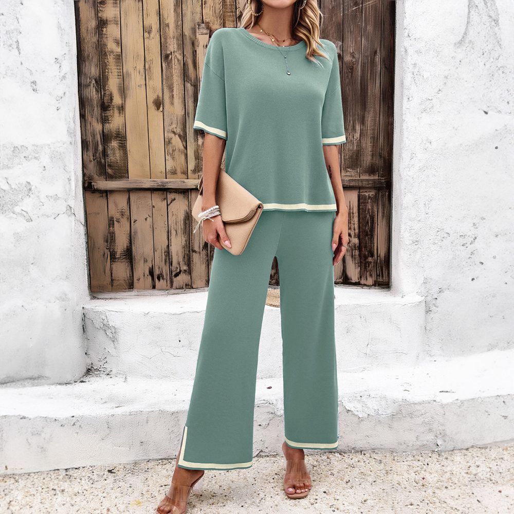 2Pcs Black Striped Knitted Suit Summer Casual Temperament Split Short-sleeved Top And Loose Straight Trousers Womens Clothing - Image 4