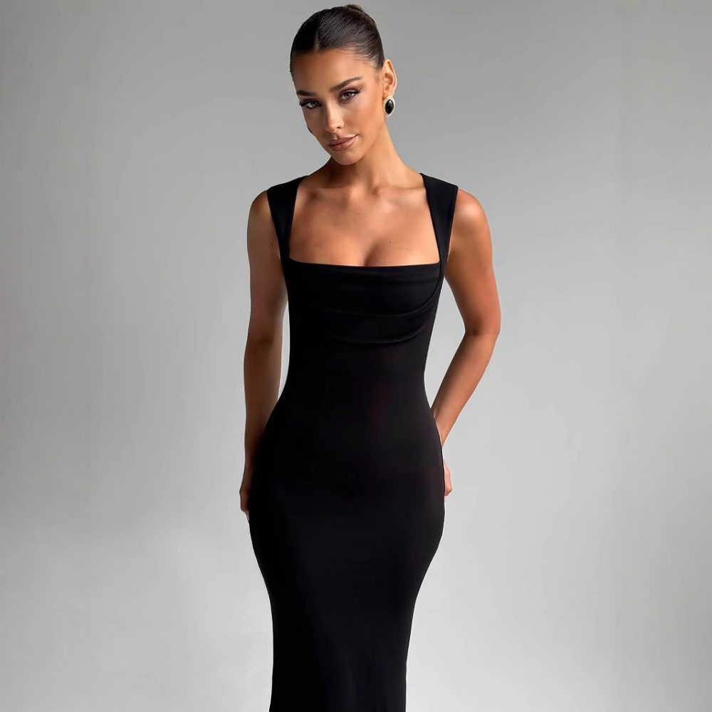 Fashion Temperament Slim Fit Square Collar Sleeveless Street Solid Color Slim Fit Dress Women - Image 2