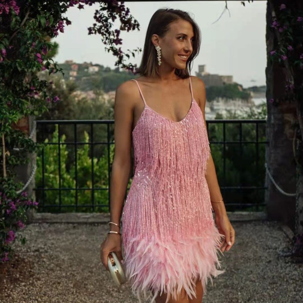 Sexy Tassel Sequins Feather Summer Mini Dress Women V Neck Spaghetti Strap Stitching Dresses Female Elegant Evening Party Club Dress - Image 8