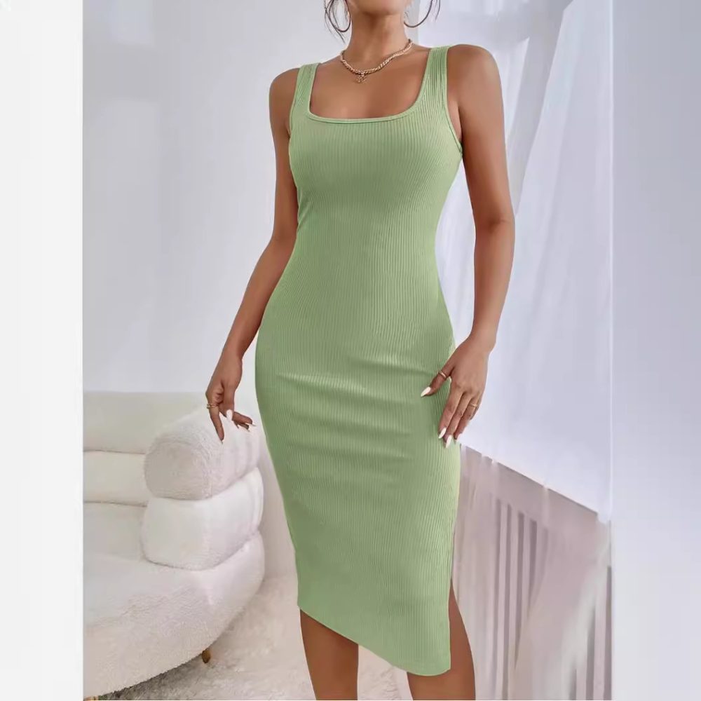 Elegant Rib Sunken Stripe Sleeveless Square Collar Slimming Split Dress - Image 3